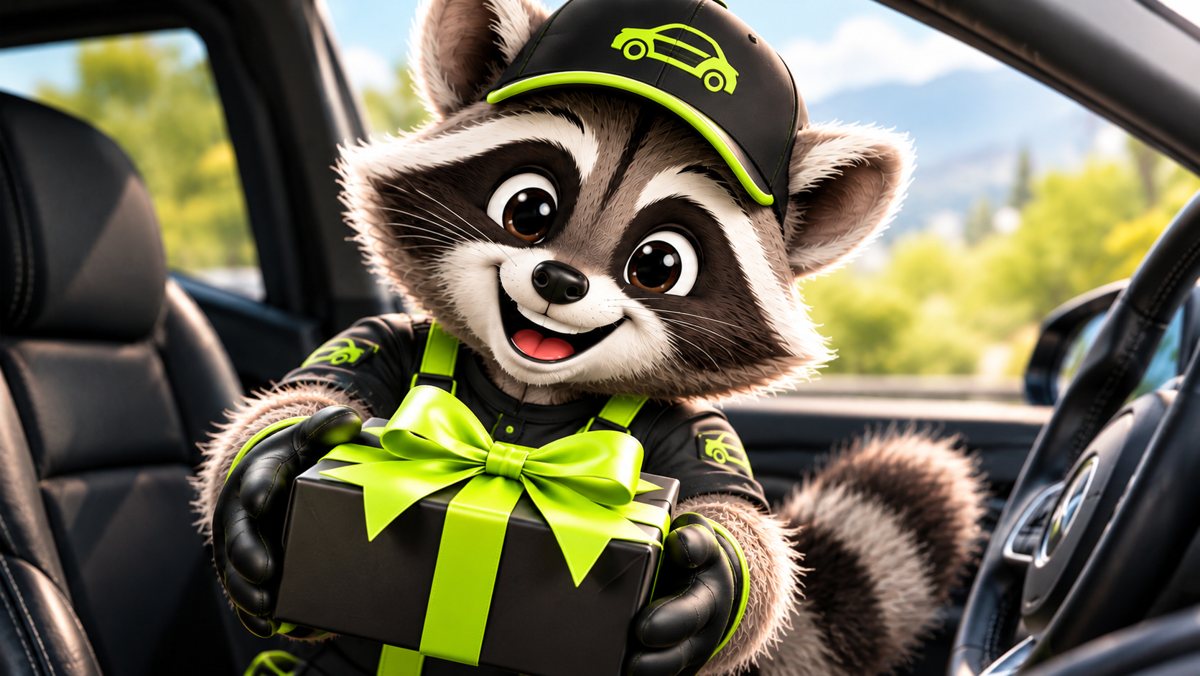 Nickel, la mascotte raton laveur, tend un cadeau noir au ruban vert fluo depuis l’intérieur d’une voiture