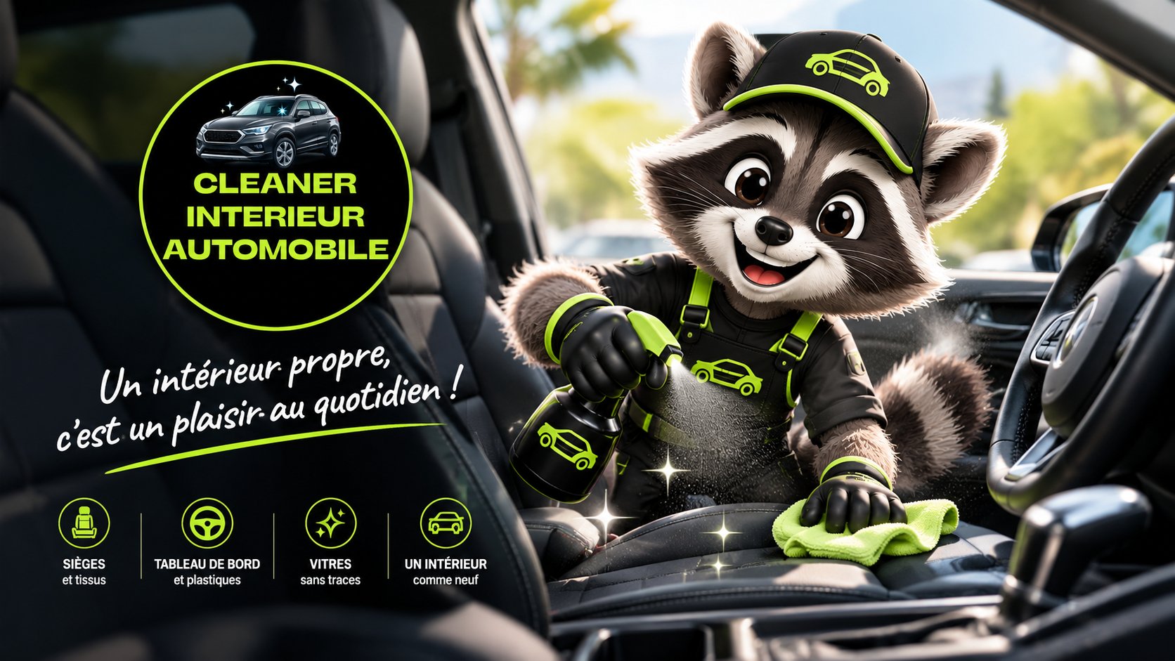 La mascotte raton laveur de Cleaner Intérieur Automobile nettoie un siège auto : un intérieur propre, c’est un plaisir au quotidien